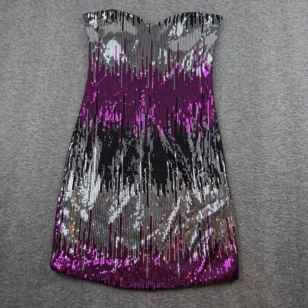 Glam Hearts Sequin Strapless Mini Dress Women's Small Purple Silver Ombre